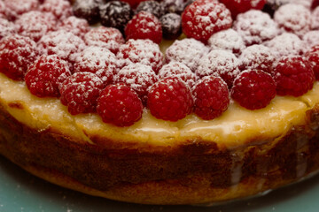 Homemade Cheesecake with Fresh Raspberries and Currants - Healthy Organic Summer Dessert Cheesecake Pie. Vanilla Cheese Cake with Wild Berry