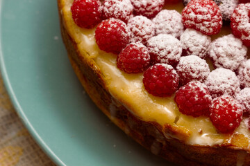 Homemade Cheesecake with Fresh Raspberries and Currants - Healthy Organic Summer Dessert Cheesecake Pie. Vanilla Cheese Cake with Wild Berry