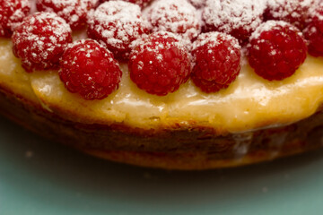 Homemade Cheesecake with Fresh Raspberries and Currants - Healthy Organic Summer Dessert Cheesecake Pie. Vanilla Cheese Cake with Wild Berry