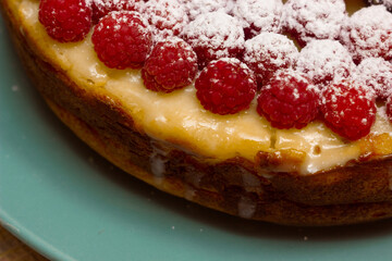 Homemade Cheesecake with Fresh Raspberries and Currants - Healthy Organic Summer Dessert Cheesecake Pie. Vanilla Cheese Cake with Wild Berry
