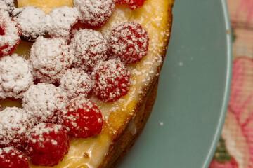 Homemade Cheesecake with Fresh Raspberries and Currants - Healthy Organic Summer Dessert Cheesecake Pie. Vanilla Cheese Cake with Wild Berry