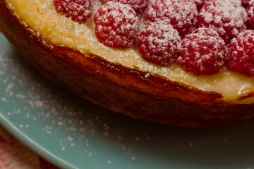 Homemade Cheesecake with Fresh Raspberries and Currants - Healthy Organic Summer Dessert Cheesecake Pie. Vanilla Cheese Cake with Wild Berry