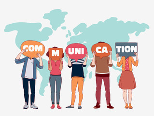 Group of young people with colorful dialog speech bubbles. Communication, teamwork and connection vector concept