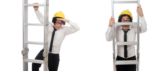 Construction worker in funny concept on white