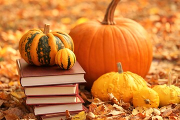 World Book Day Autumn Books Reading Concept Halloween Books Stack Of Books,  Checkered Scarf, Orange Pumpkins And Shining Garland On Wooden Board  Background Writing Marathon Cozy Autumn Reading Autumn Wall Mural |