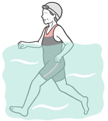 ジムのプールで水中ウォーキングする中年女性