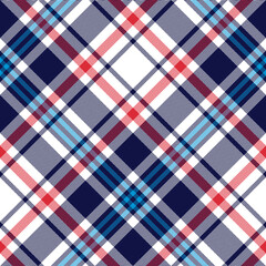 Tartan pattern vector in blue, red, white. Seamless herringbone check plaid graphic for blanket, throw, duvet cover, tablecloth, flannel shirt, or other autumn winter textile print.