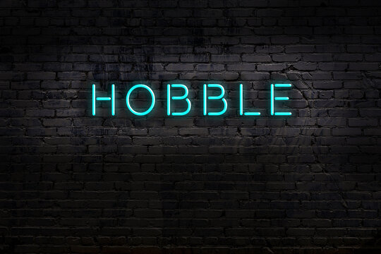 Neon sign. Word hobble against brick wall. Night view