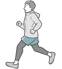 パーカーを着てジョギングする横向きの若い男性