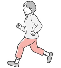 Fototapeta na wymiar パーカーを着てジョギングする横向きの中年女性