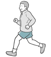Fototapeta na wymiar パーカーを着てジョギングする横向きの中年男性