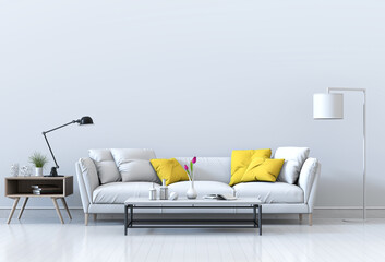 Living room interior in modern style, 3d render with sofa and decorations.