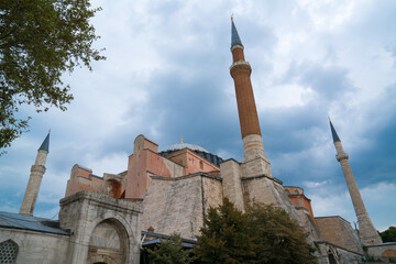 The famous Hagia Sophia (Aya Sophia, Aya sofia, Ayasofya) Museum Mosque in Istanbul TURKEY. Close-up of minaret
