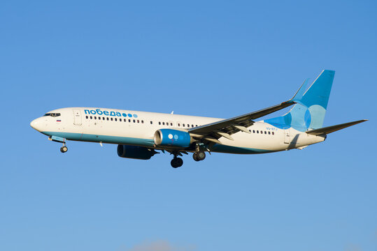 SAINT-PETERSBURG, RUSSIA - OCTOBER 25, 2018: Boeing 737-800 (VQ-BTJ) aircraft of the Pobeda Airlines close-up before landing at Pulkovo Airport