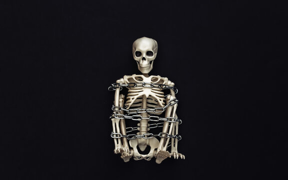 Skeleton wrapped in metal chain on black background. Halloween decoration, scary theme. Flat lay. Minimalism