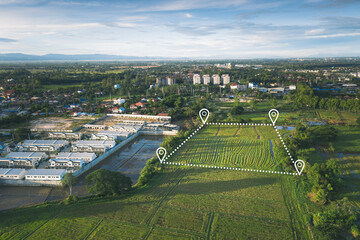 Land plot in aerial view. Gps registration survey of property, real estate for map with location,...