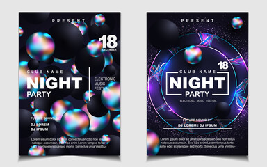 Night dance party music poster flyer layout design template background with neon light and dynamic style. Colorful electro style vector for concert disco, club party, event invitation, cover festival