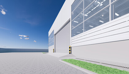 Commercial or industrial facade. That is a property use as factory, warehouse, hangar or workplace. Modern exterior design with roller door and metal wall. Paver brick floor at outdoor. 3d render.