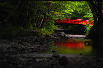 新緑に包まれた日本の赤い橋