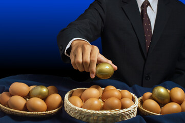 smart businessman allocates golden egg into many baskets. do not put all eggs in one basket. has a...