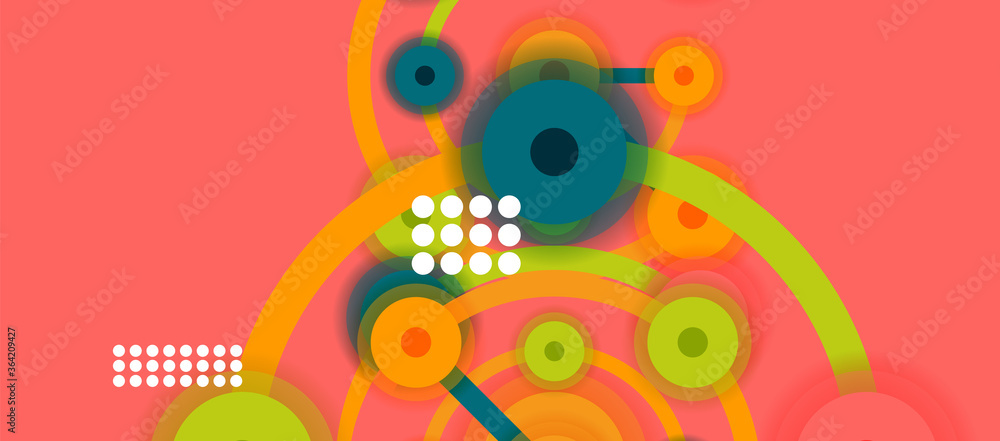 Poster flat style geometric abstract background, round dots or circle connections on color background. tech