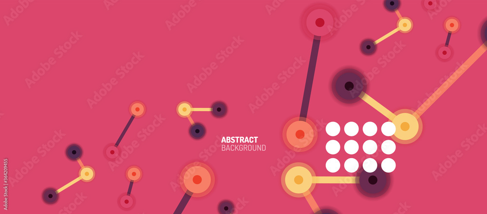 Poster flat style geometric abstract background, round dots or circle connections on color background. tech