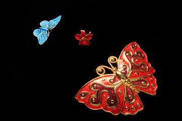 Gold vintage jewelry, red butterfly gold-plated belt buckle from Japan