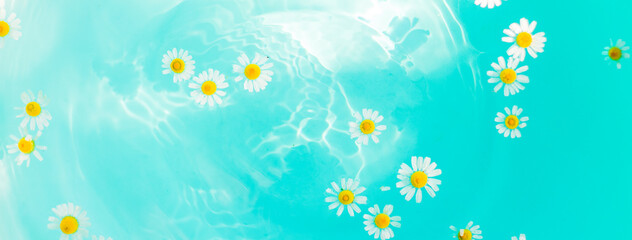 Fototapeta na wymiar Little wild daisies with yellow center floating on the blue bubble paradise water. Shadow from flowers on the bottom. Free copy space. Top view, macro shoot