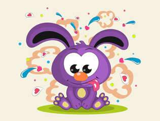 Cute rabbit is sitting, showing tongue. Illustration done in cartoon style isolated on white background.