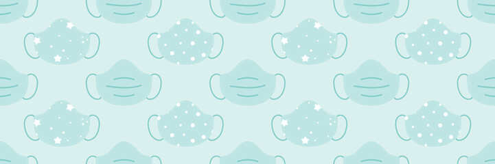 Naklejka premium Wide horizontal medical face mask, respirators seamless pattern background. 