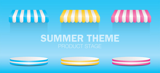 Summer theme product stand with awning 3D illustration vector.