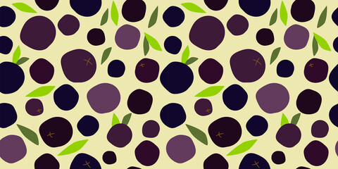 seamless pattern with Acai berries and leaves on a light coloured background. modern abstract design for packaging, print for clothes, fabric