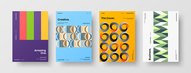 Fototapeta premium Company identity brochure template collection. Business presentation vector A4 vertical orientation front page mock up set. Corporate report cover abstract geometric illustration design layout bundle.