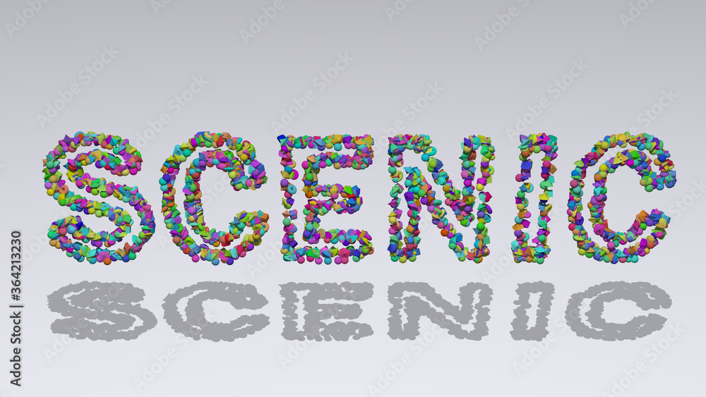 Poster scenic: 3d illustration of the text made of small objects over a white background with shadows. land