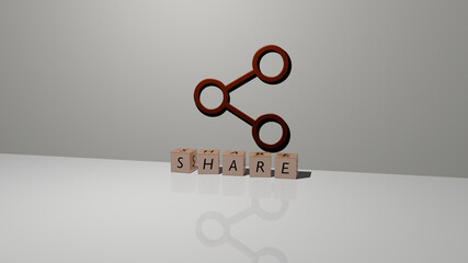3D representation of SHARE with icon on the wall and text arranged by metallic cubic letters on a mirror floor for concept meaning and slideshow presentation. illustration and business