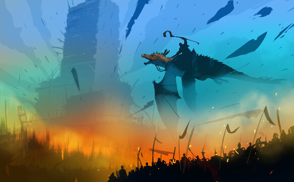 Digital art painting design style wizard riding dragon above war.