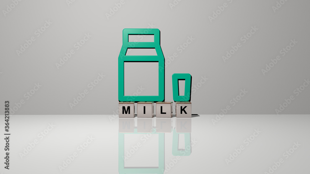 Poster 3d graphical image of milk vertically along with text built by metallic cubic letters from the top p