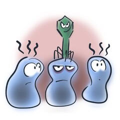 Three blue bacteria and bacteriophage