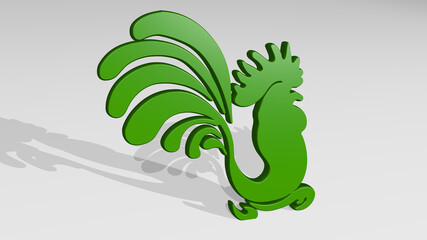 ROOSTER made by 3D illustration of a shiny metallic sculpture with the shadow on light background. chicken and animal