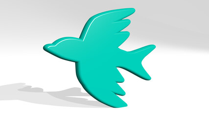 BIRD made by 3D illustration of a shiny metallic sculpture with the shadow on light background. animal and beautiful