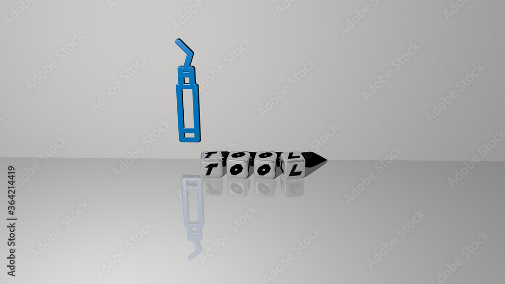 Poster 3d graphical image of tool vertically along with text built by metallic cubic letters from the top p