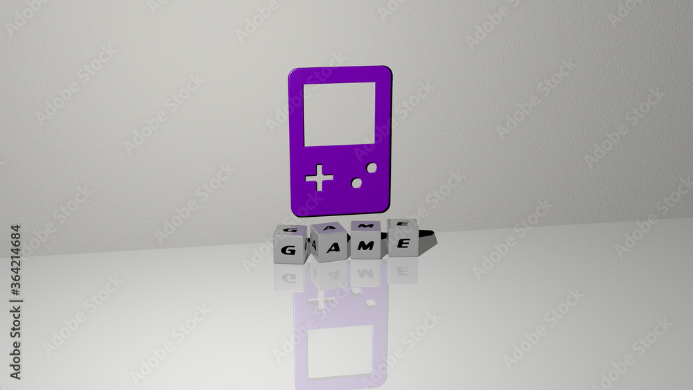 Poster 3d illustration of game graphics and text made by metallic dice letters for the related meanings of 