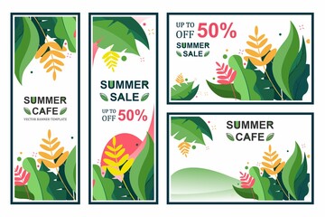 Vector banner template. Summer sale cafe with 50% discount. Vertical template banner, flyer, menu with the inscription and vegetation.