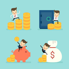 set of businessman in saving money concept vector