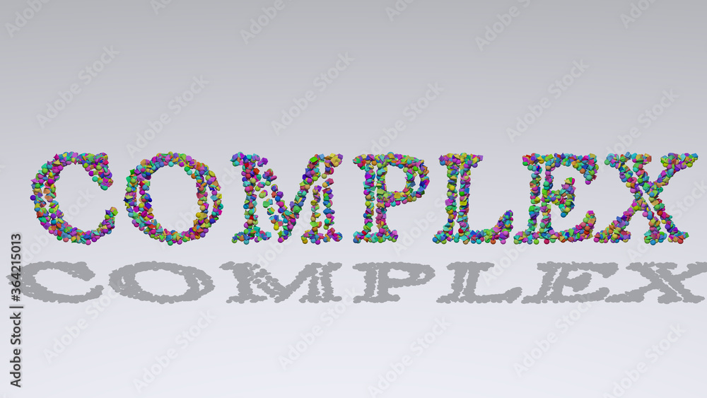 Poster complex: 3d illustration of the text made of small objects over a white background with shadows. arc