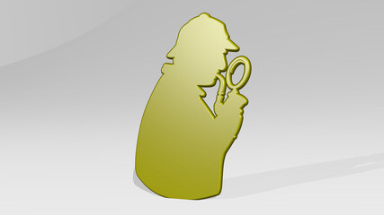 SHERLOCK HOLMES from a perspective with the shadow. A thick sculpture made of metallic materials of 3D rendering. detective and illustration