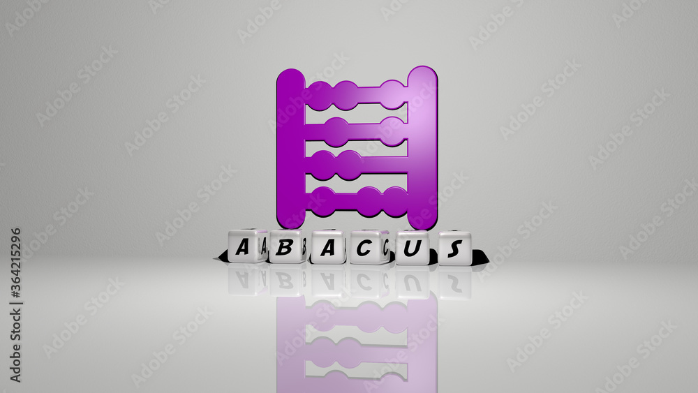 Poster 3d illustration of abacus graphics and text made by metallic dice letters for the related meanings o