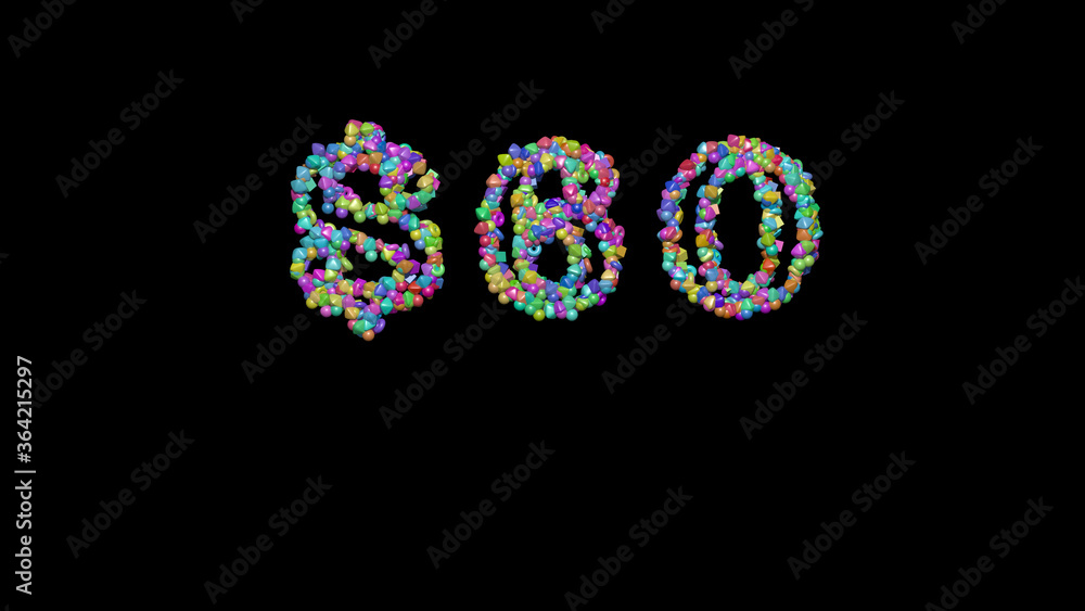 Poster $: 3d illustration of the text made of small objects over a black background with shadows