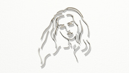 girl made by 3D illustration of a shiny metallic sculpture on a wall with light background. beautiful and woman