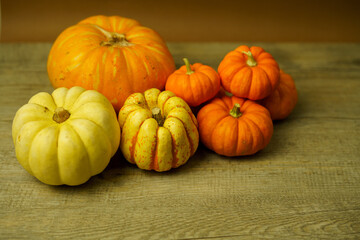 Variety of squash and pumpkins on a rustic timber wooden surface